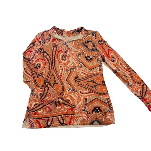 Chicos Womens Long Sleeve Paisley‎ Top Size 1 Medium Beige/Orange lightweight - Picture 4 of 5